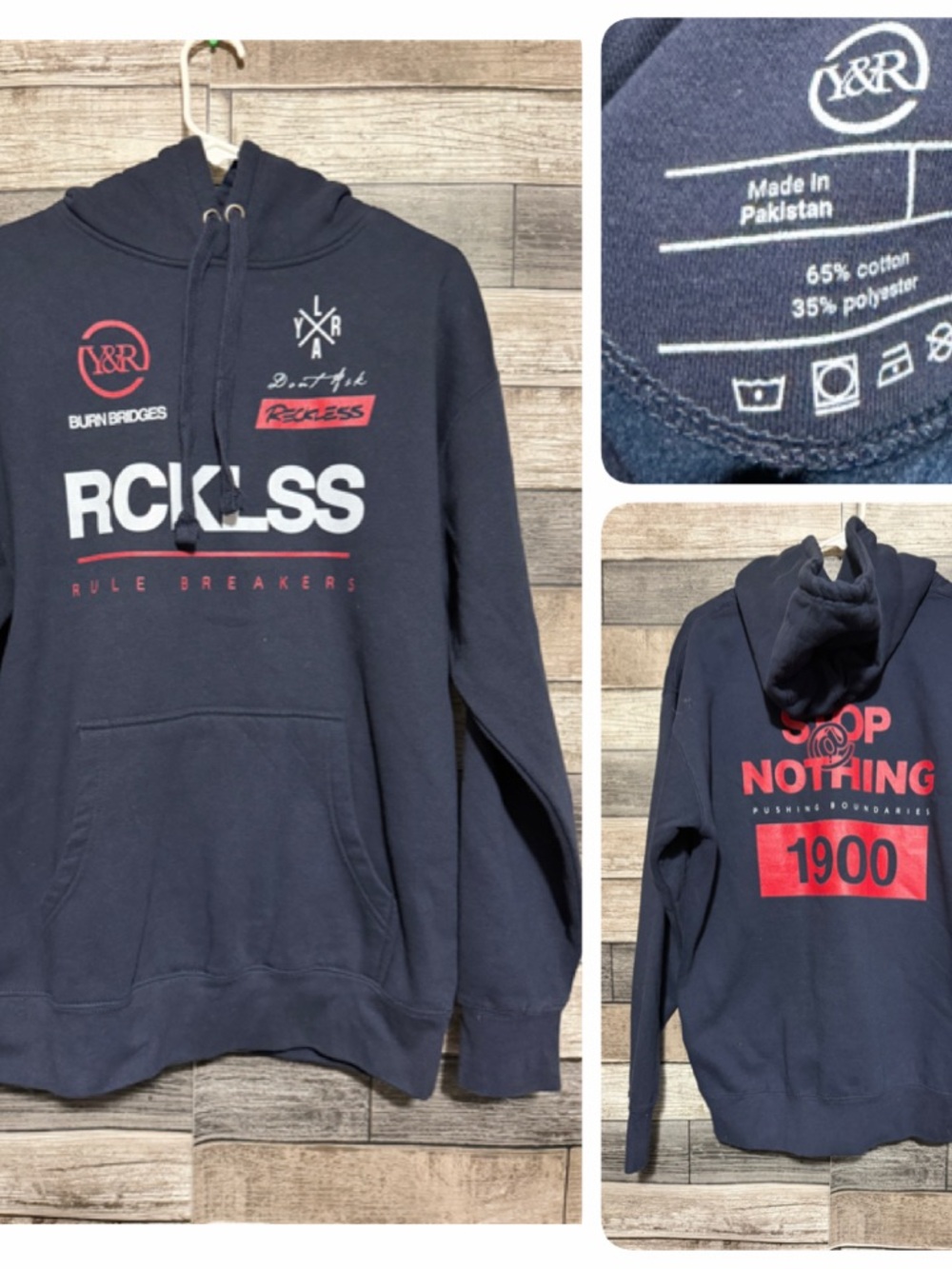 Young & Reckless Y&R Hoodie Men’s L Blue Red Pullover Fleece